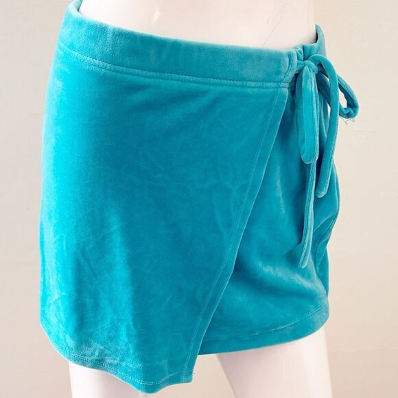 Vintage Y2K Juicy Couture Turquoise Mini Wrap Skirt Coverup w Rhinestone Logo - Picture 3 of 7